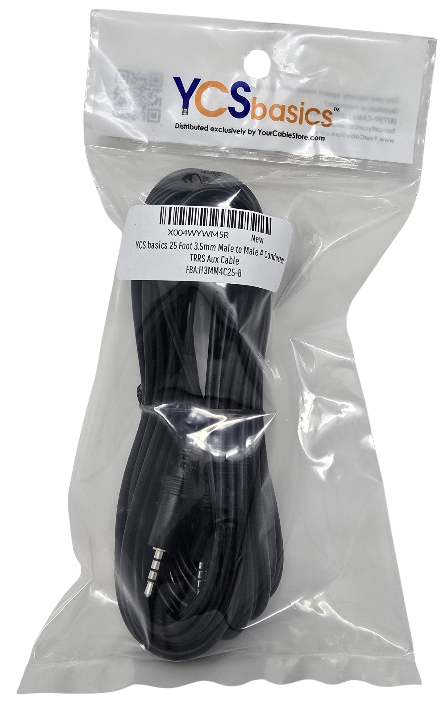 YCS Basics 25 Foot 3.5mm Male To Male 4 Conductor TRRS Aux Cable