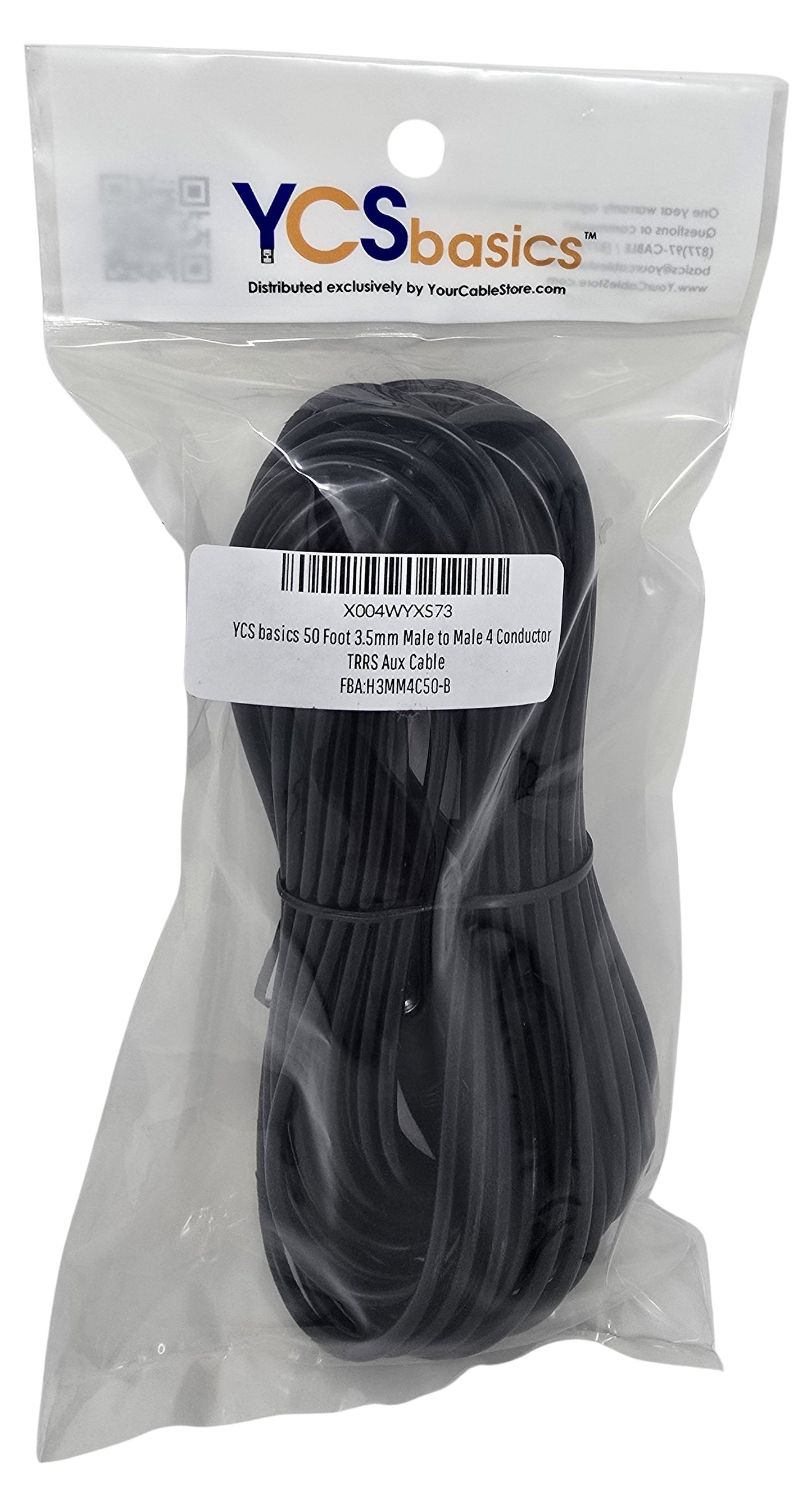 YCS Basics 50 Foot 3.5mm Male To Male 4 Conductor TRRS Aux Cable
